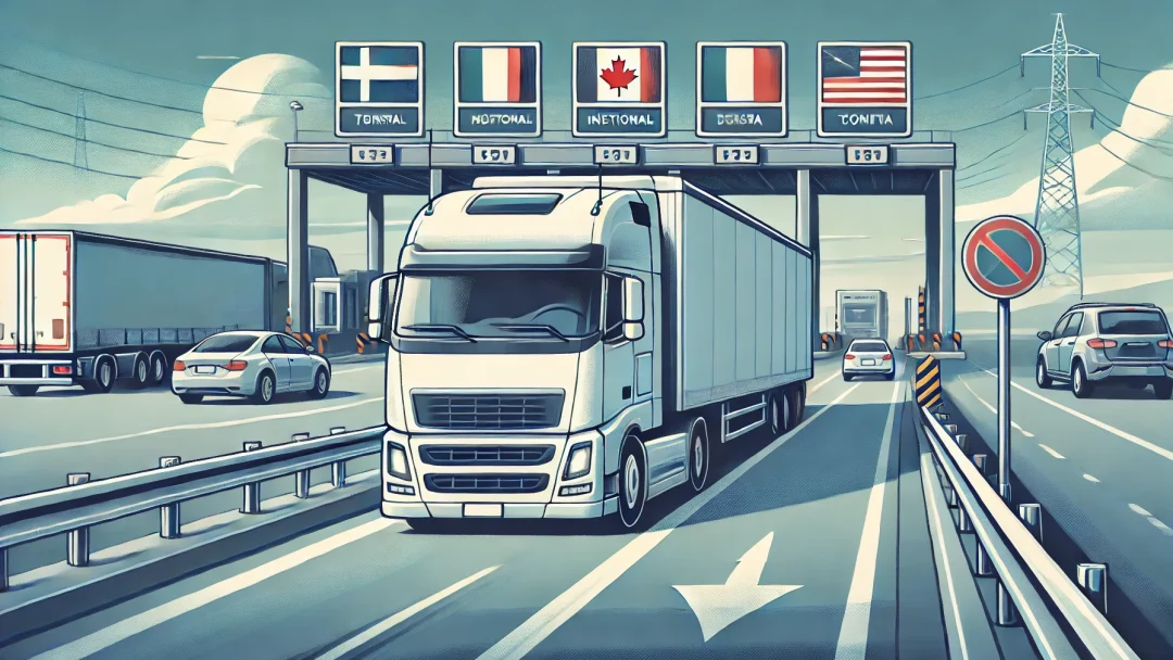DALL·E 2025-03-15 16.28.02 – A large transport truck driving on an international highway, crossing a border checkpoint. The truck is modern and well-maintained, symbolizing reliab DALL·E 2025-03-15 16.28.02 - A large transport truck driving on an international highway, crossing a border checkpoint. The truck is modern and well-maintained, symbolizing reliab